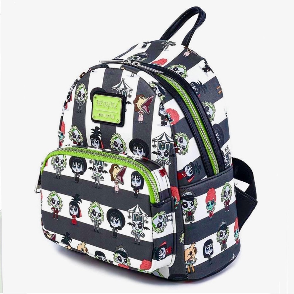 Loungefly Black White Beetlejuice Chibi All Over Print Striped Backpack NWT